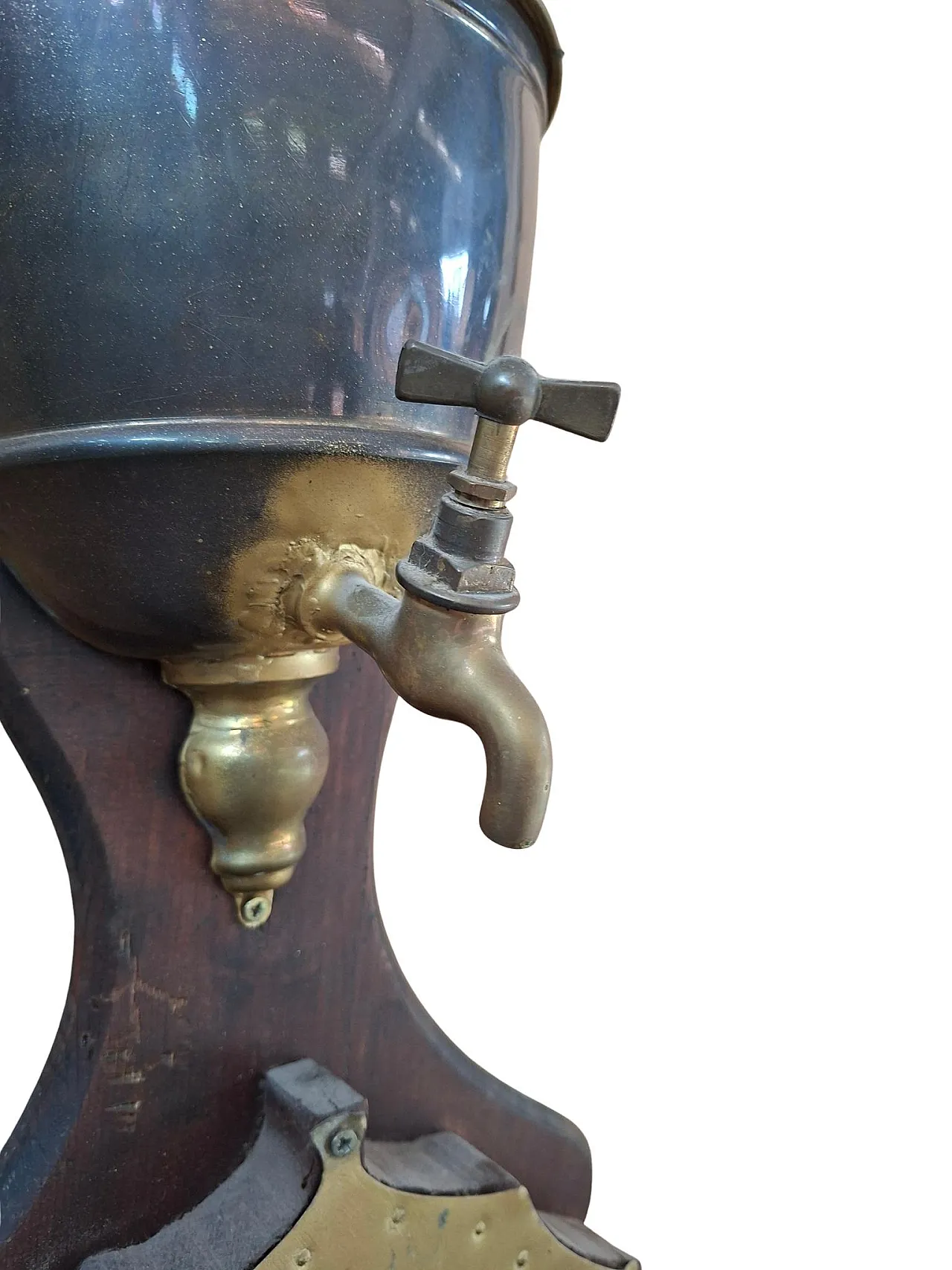 Brass and wooden wall hand washers with cross, early 20th century 5