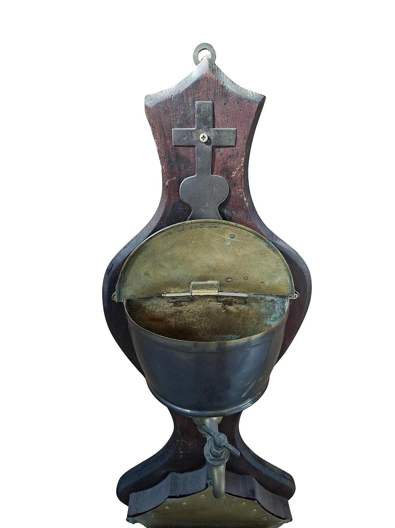 Brass and wooden wall hand washers with cross, early 20th century 7