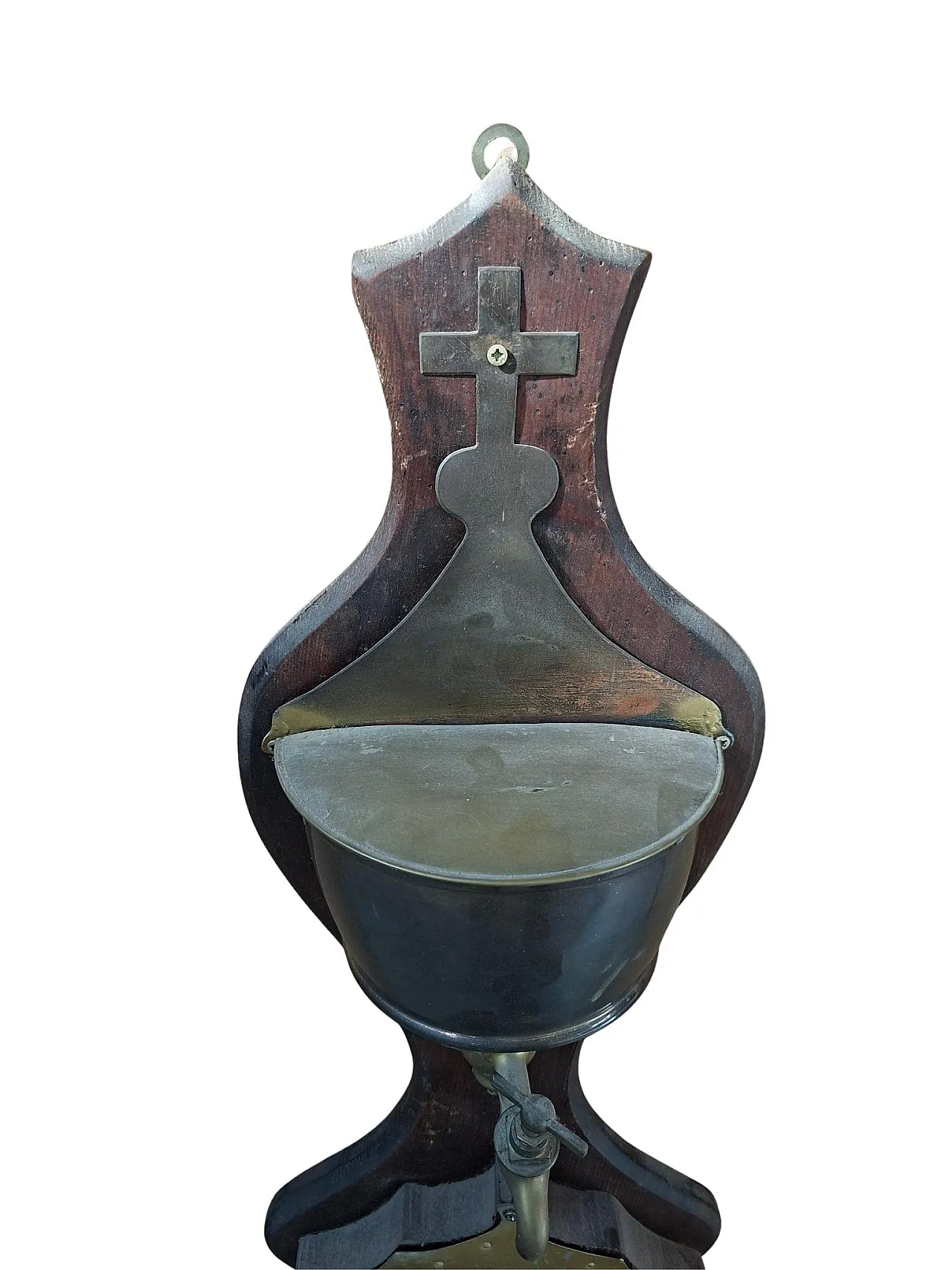 Brass and wooden wall hand washers with cross, early 20th century 8