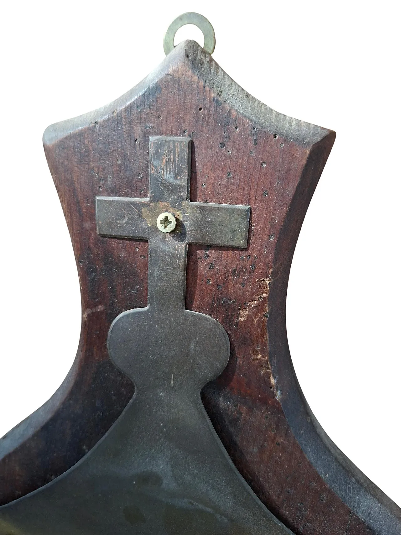 Brass and wooden wall hand washers with cross, early 20th century 9
