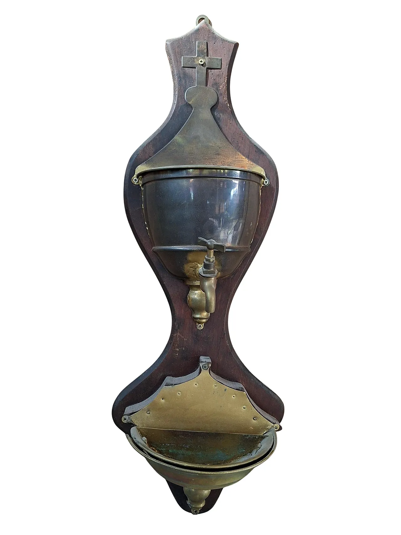 Brass and wooden wall hand washers with cross, early 20th century 10