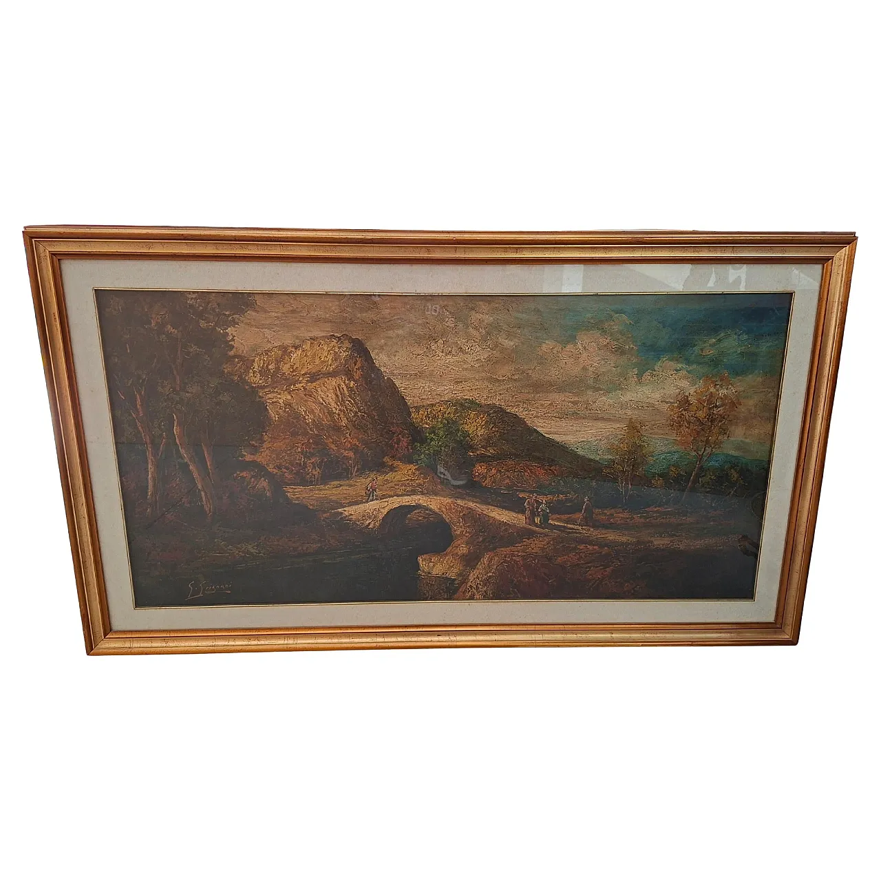 Landscape with Bridge by G. Grignani, oil on canvas, 1980s 1