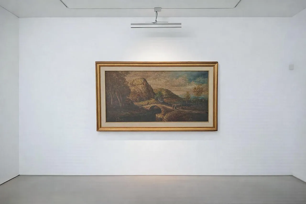 Landscape with Bridge by G. Grignani, oil on canvas, 1980s 2