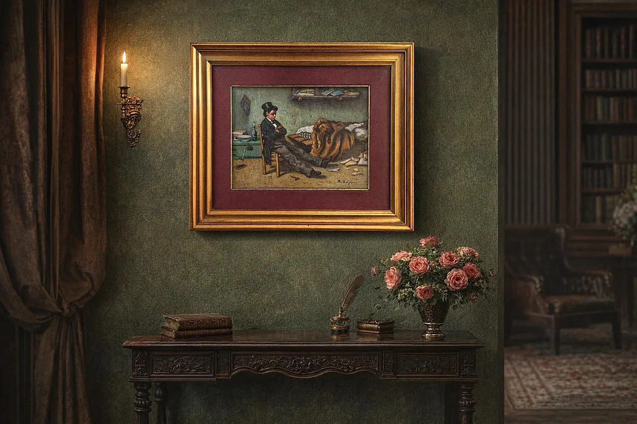 The Poet by A. Pontiglione, artist's painting with frame, 1980s 7