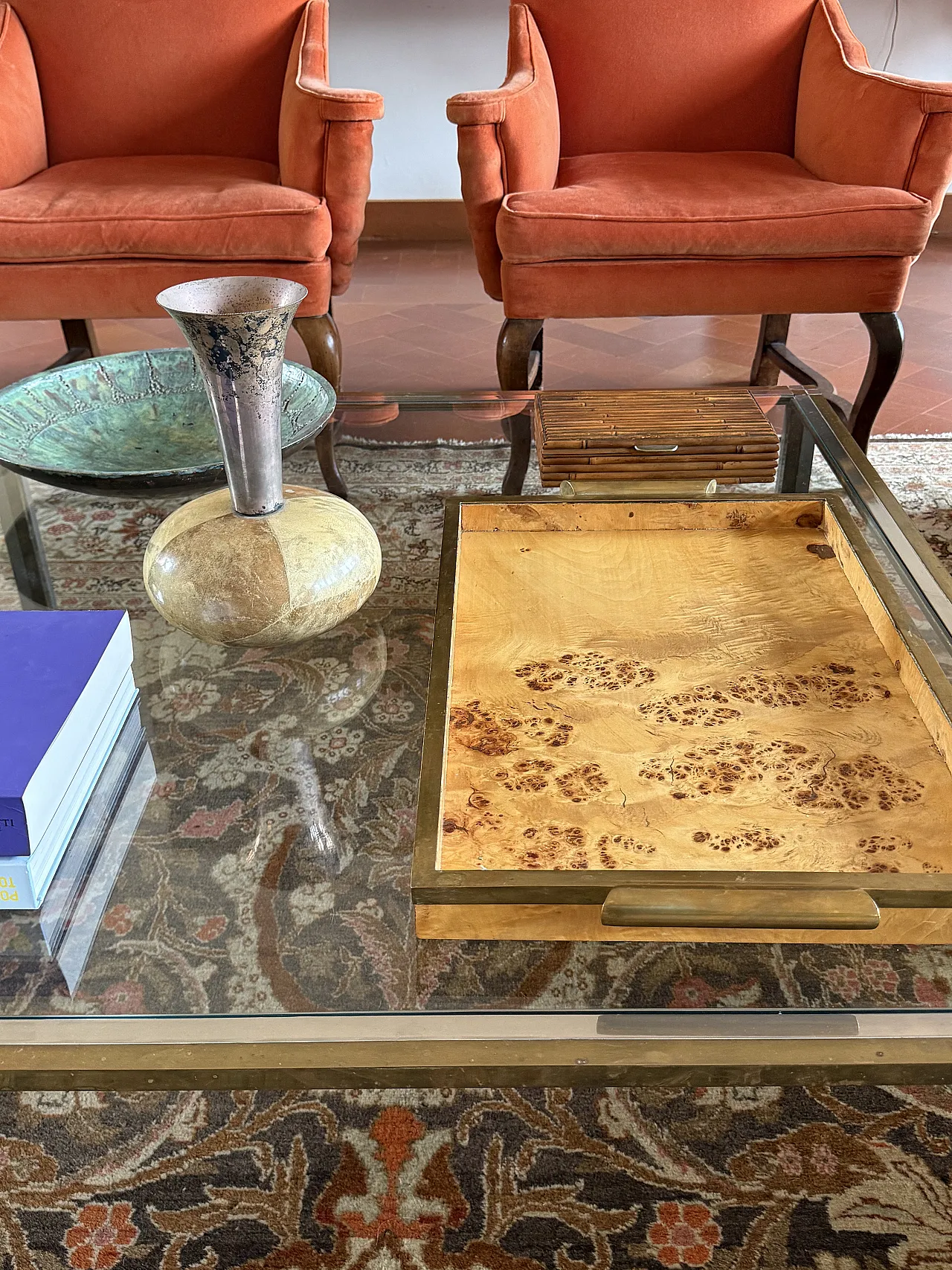 Hollywood Regency style brass and briar tray, Italy, 1970s 2