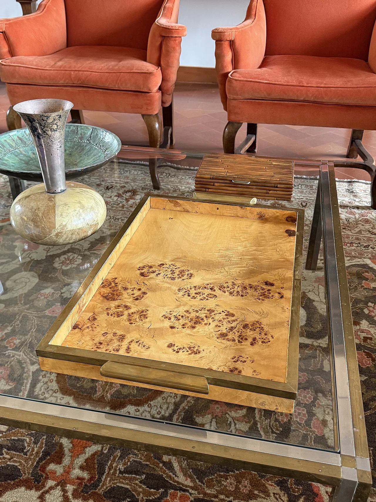 Hollywood Regency style brass and briar tray, Italy, 1970s 8