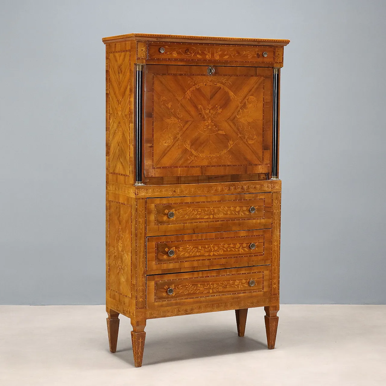 Empire-style walnut veneered secretaire with maple inlays,20th century 1