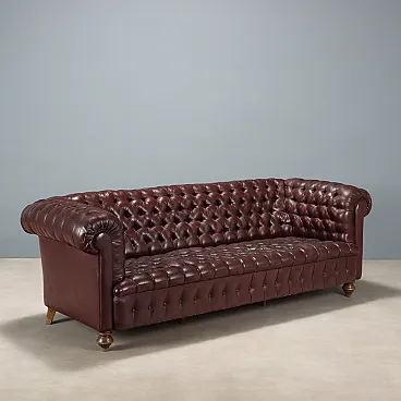 Divano 3 posti stile Chesterfield in pelle, capitonné e faggio, '900