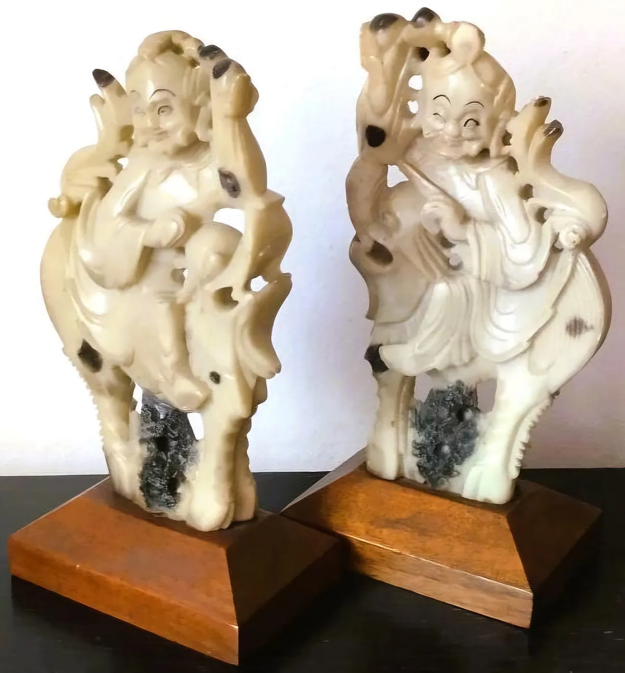 Carved stone sculptures of Qilin knights on wooden bases, early 20th century 6