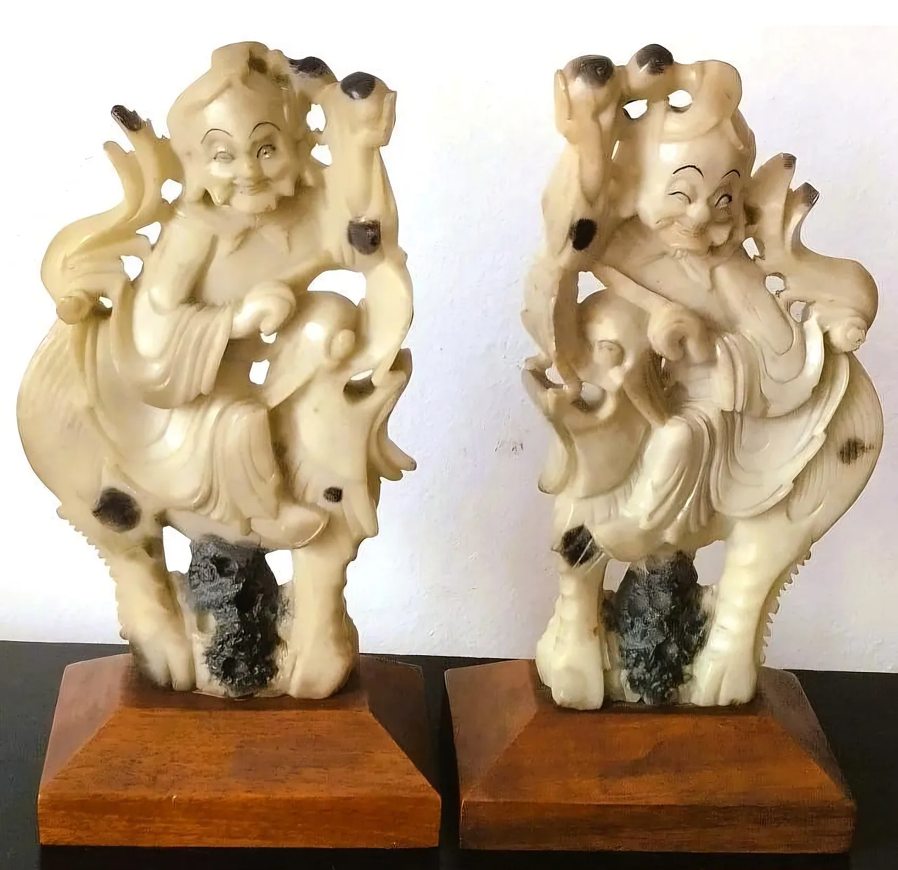 Carved stone sculptures of Qilin knights on wooden bases, early 20th century 7