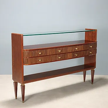 Mobile da soggiorno in legno esotico, vetro e ottone, '900