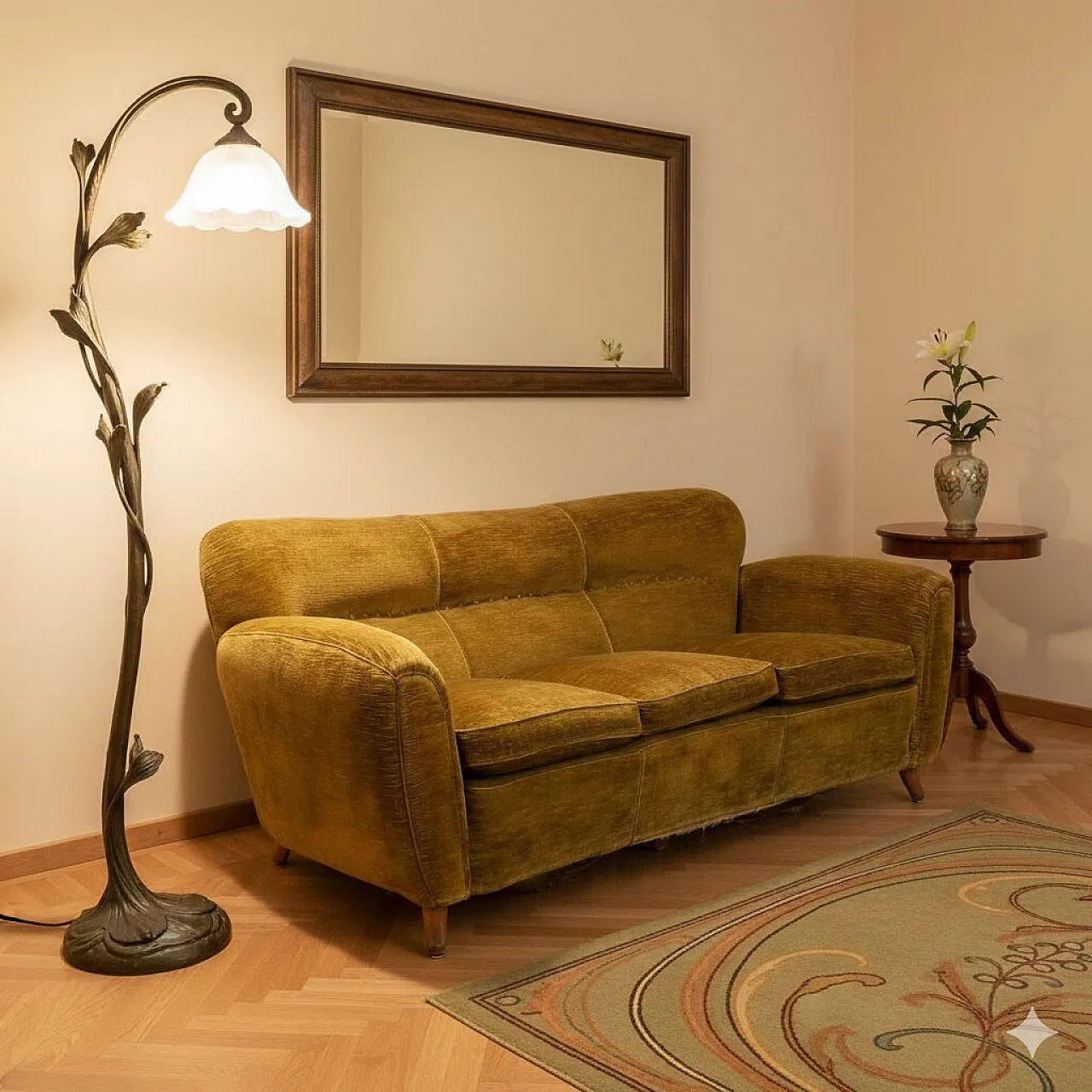 Divano in legno e tessuto con imbottitura in piuma, '900 2