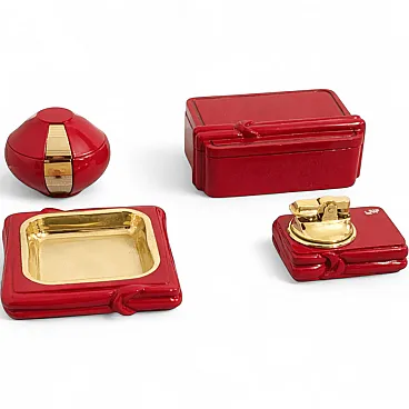 Smoking set in red glazed ceramic and brass, 1970s
