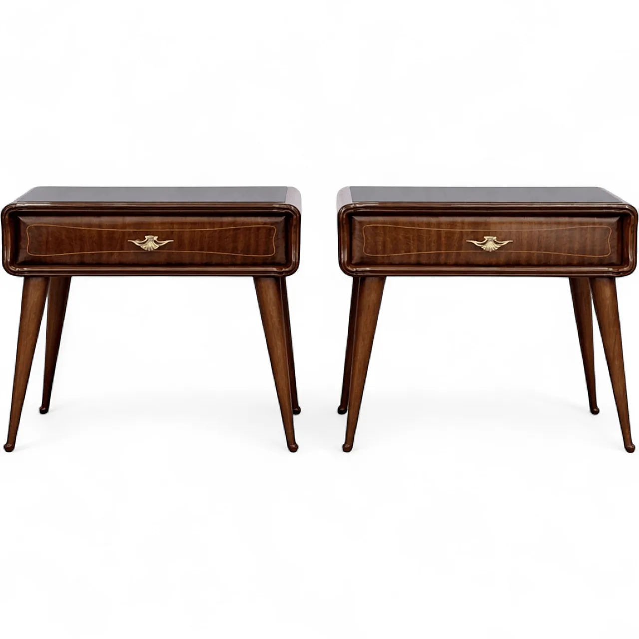 Pair of bedside tables in cherry wood with black glass and brass, 1960 9