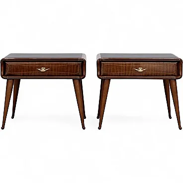 Pair of bedside tables in cherry wood with black glass and brass, 1960