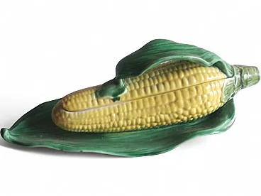 Majolica Corn Cob Tureen  by Sarreguemines in yellow and Green, 50s