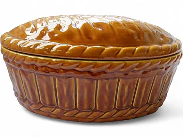 Large Majolica Puff Pastry Pie Faience Dish Terrine, light brown, 80s