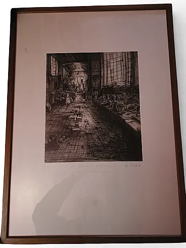 Acquaforte di Alessandro Papetti dal tema industriale, primi '900