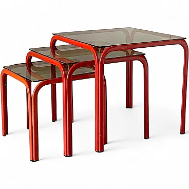 3 red coffee tables with smoked glass, 70s