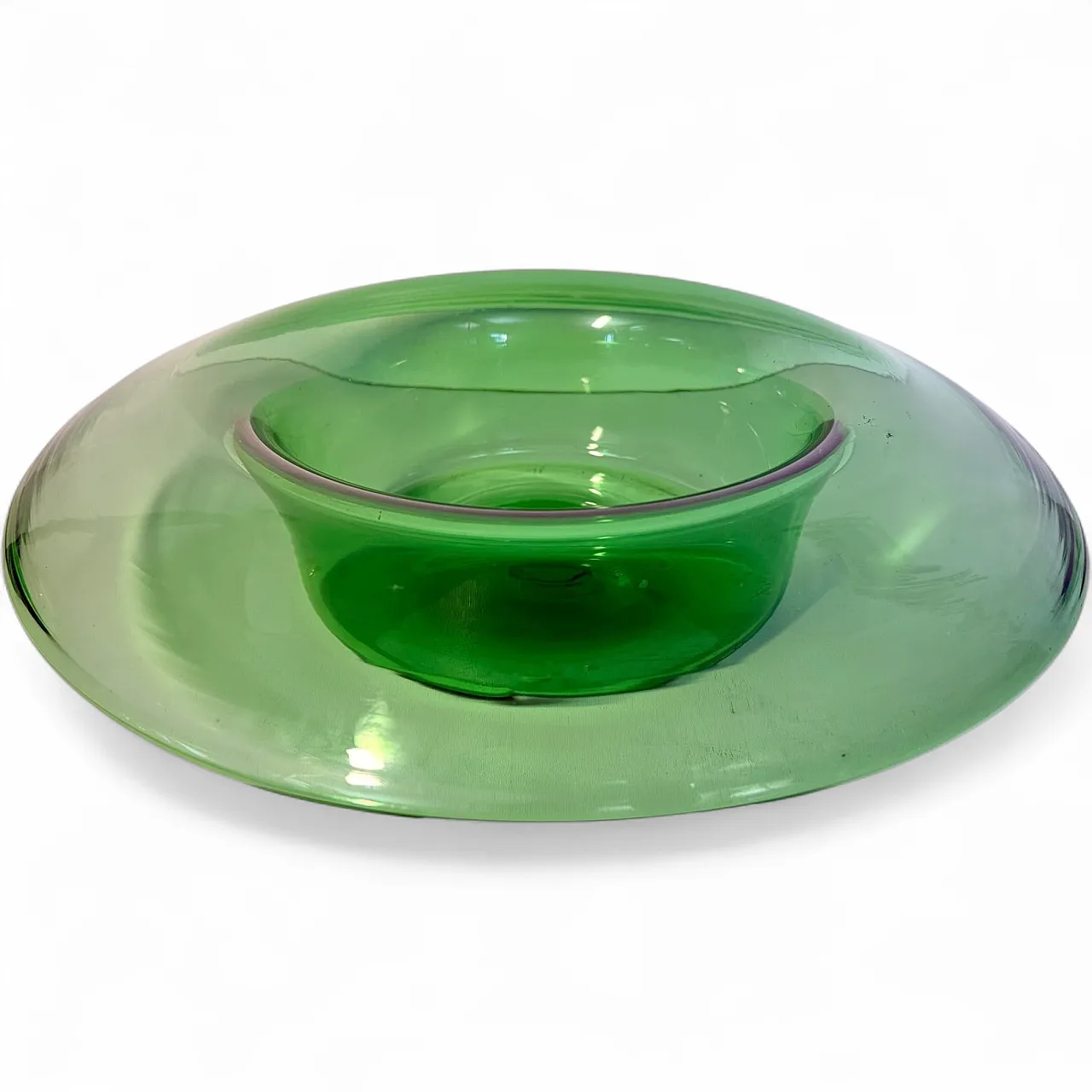 Hand-blown green glass centerpiece bowl, Empoli, Italy, 1970s 12