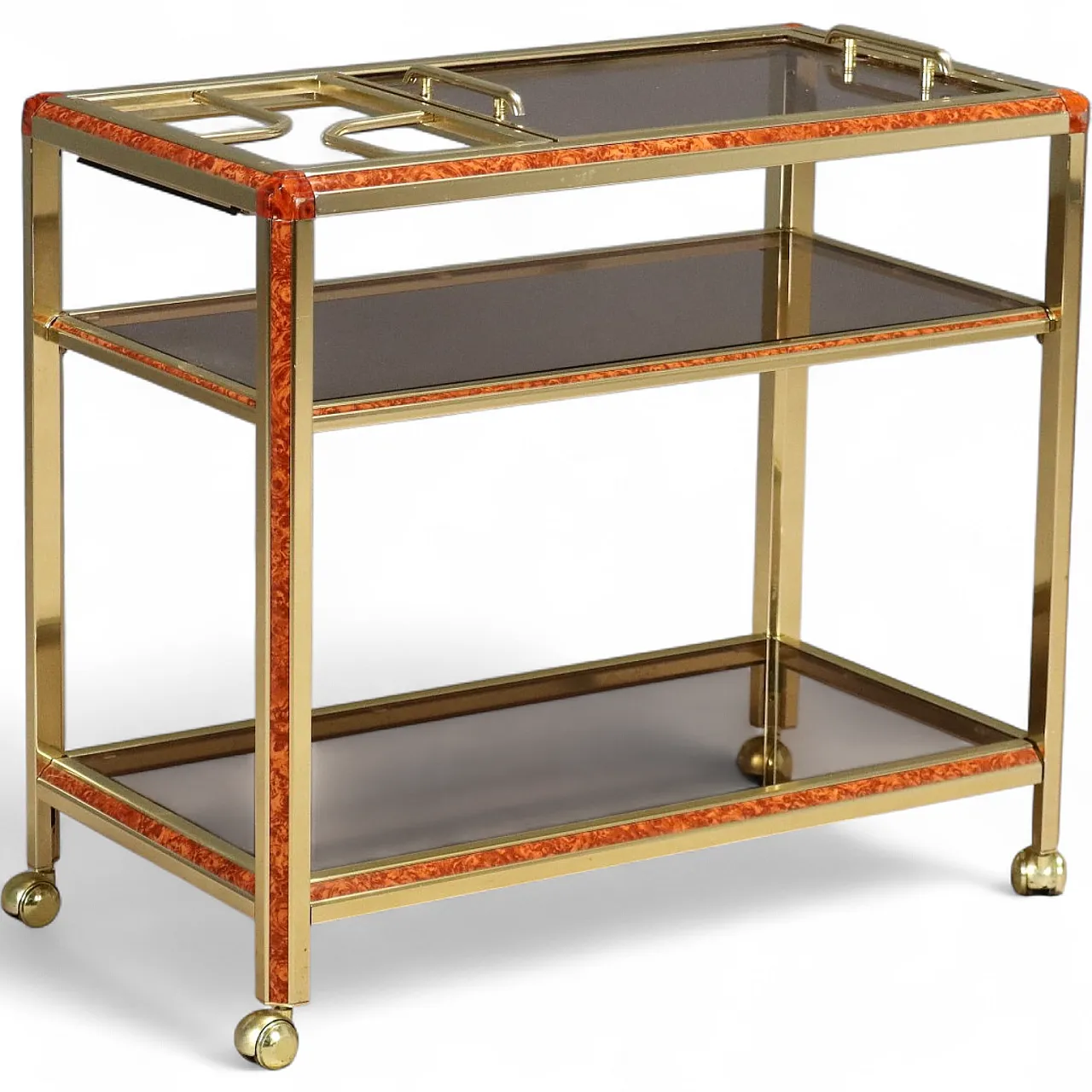 Carrello di servizio in ottone e vetro fumé, anni '80 9