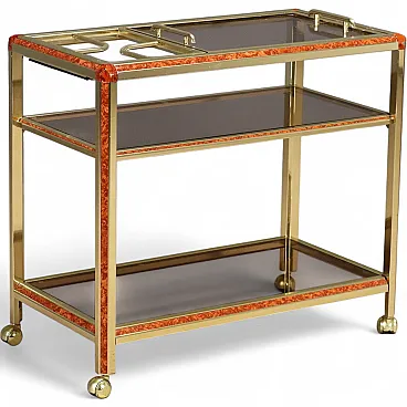 Carrello di servizio in ottone e vetro fumé, anni '80