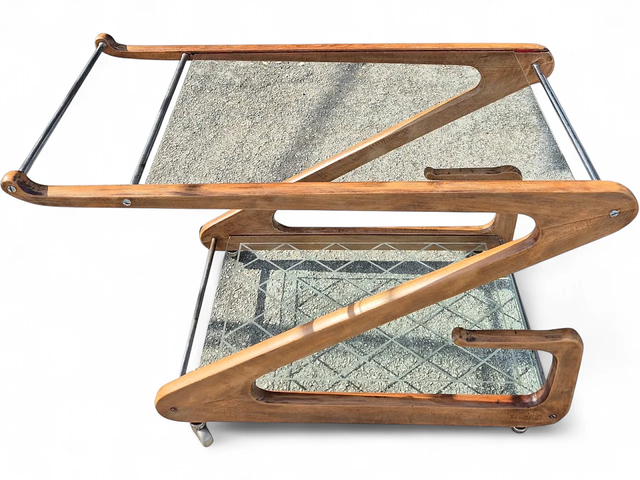 Cesare Lacca Bar Cart in Curved Wood and Cut Glass, 1950s 21