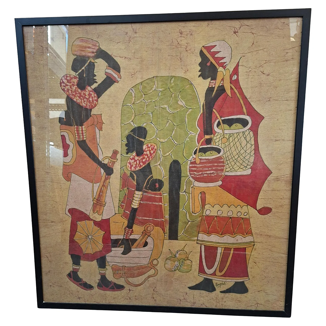 African Batik painting by Hamidi, art on fabric, 20th century 1