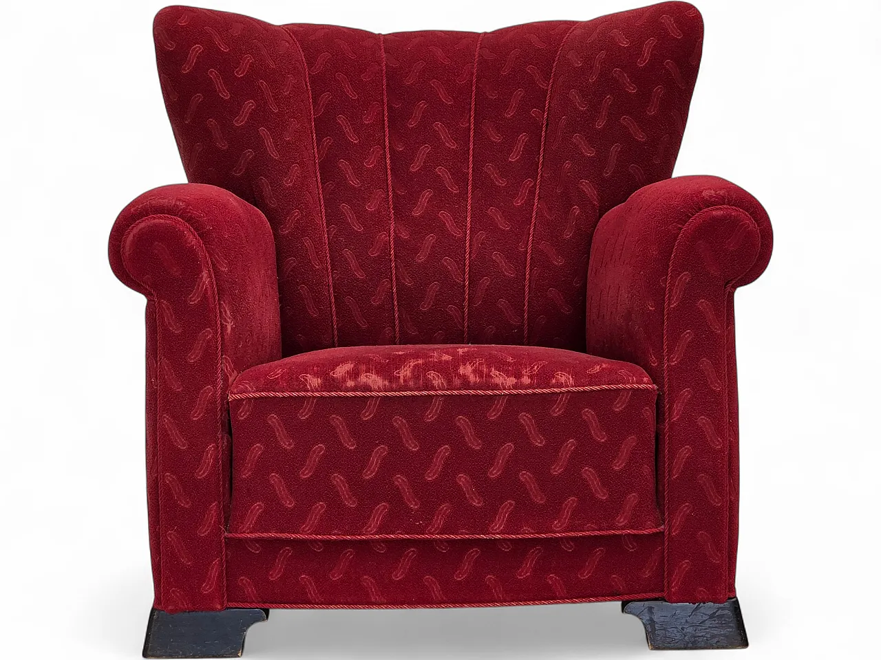 Poltrona relax danese, in lana rossa e quercia, anni '50 16