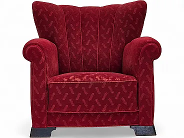 Anni '50, poltrona relax danese, mobili in lana rossa, legno di quercia.