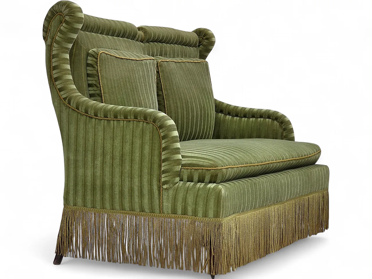 Divano danese a 2 posti, velluto verde, legno di faggio, anni '50 18