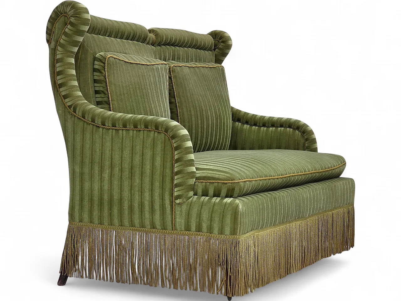 Divano danese a 2 posti, velluto verde, legno di faggio, anni '50 19