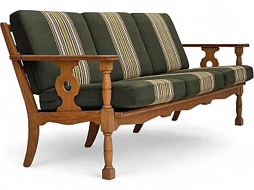 Anni '70, divano danese a 3 posti, mobili in lana verde, legno di rovere massiccio.