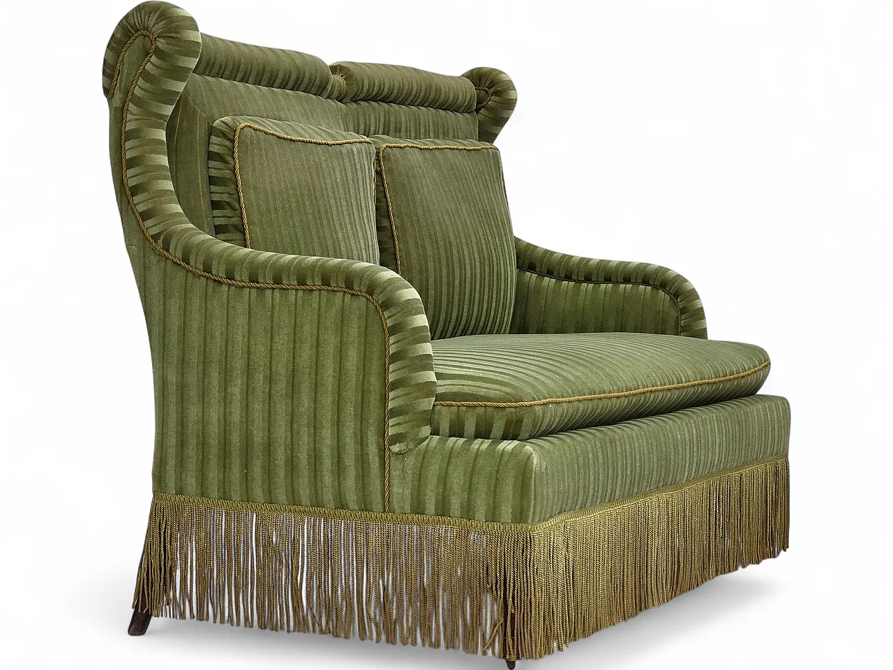 Divano danese a 2 posti, velluto verde, legno di faggio, anni '50 20