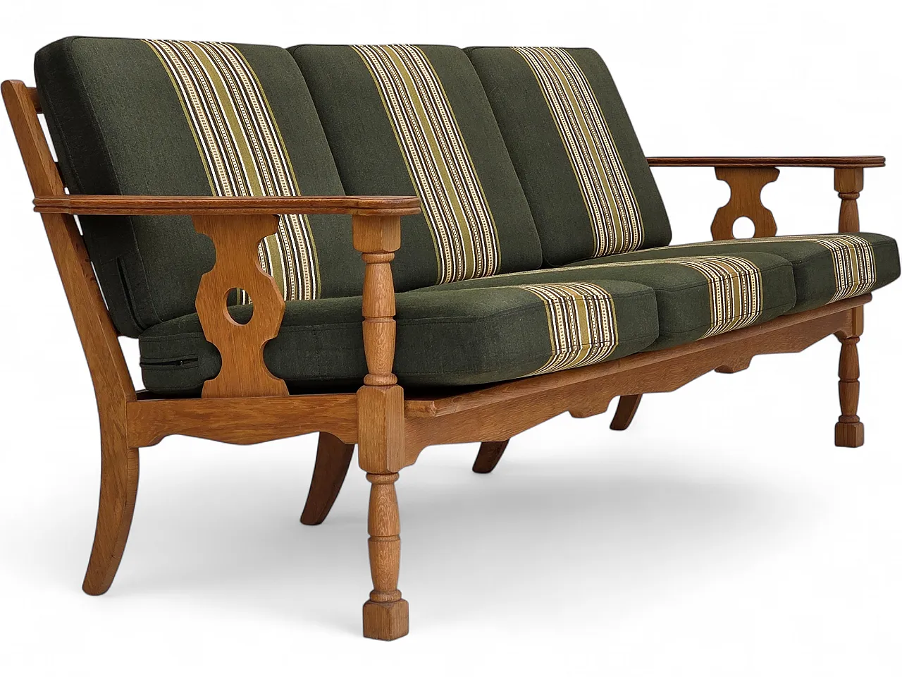 Divano danese a 3 posti, mobili in lana verde, rovere, anni '70 26