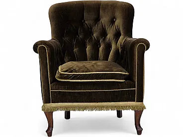 Anni '50, poltrona scandinava, velluto d'arredo verde, legno di frassino.