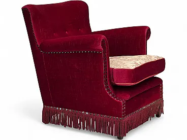 Anni '70, poltrona danese, velluto rosso, legno di frassino.