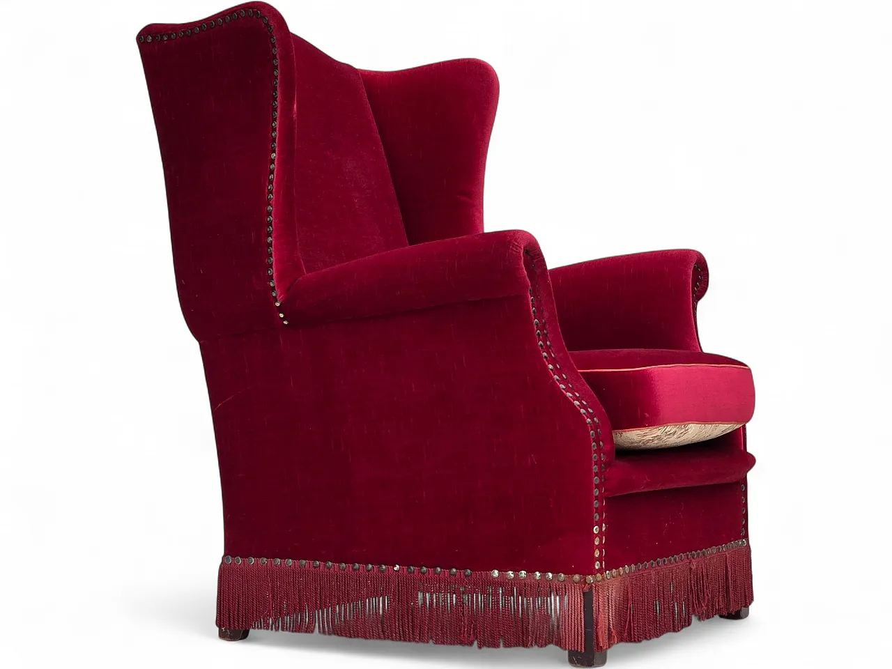 Poltrona danese schienale alto, velluto rosso, in frassino, anni '60 21