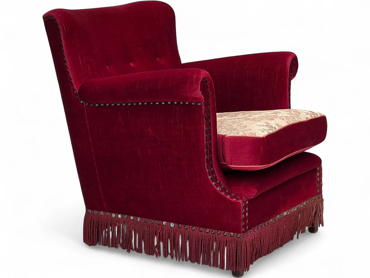Poltrona danese, velluto rosso, in frassino, anni '70 20