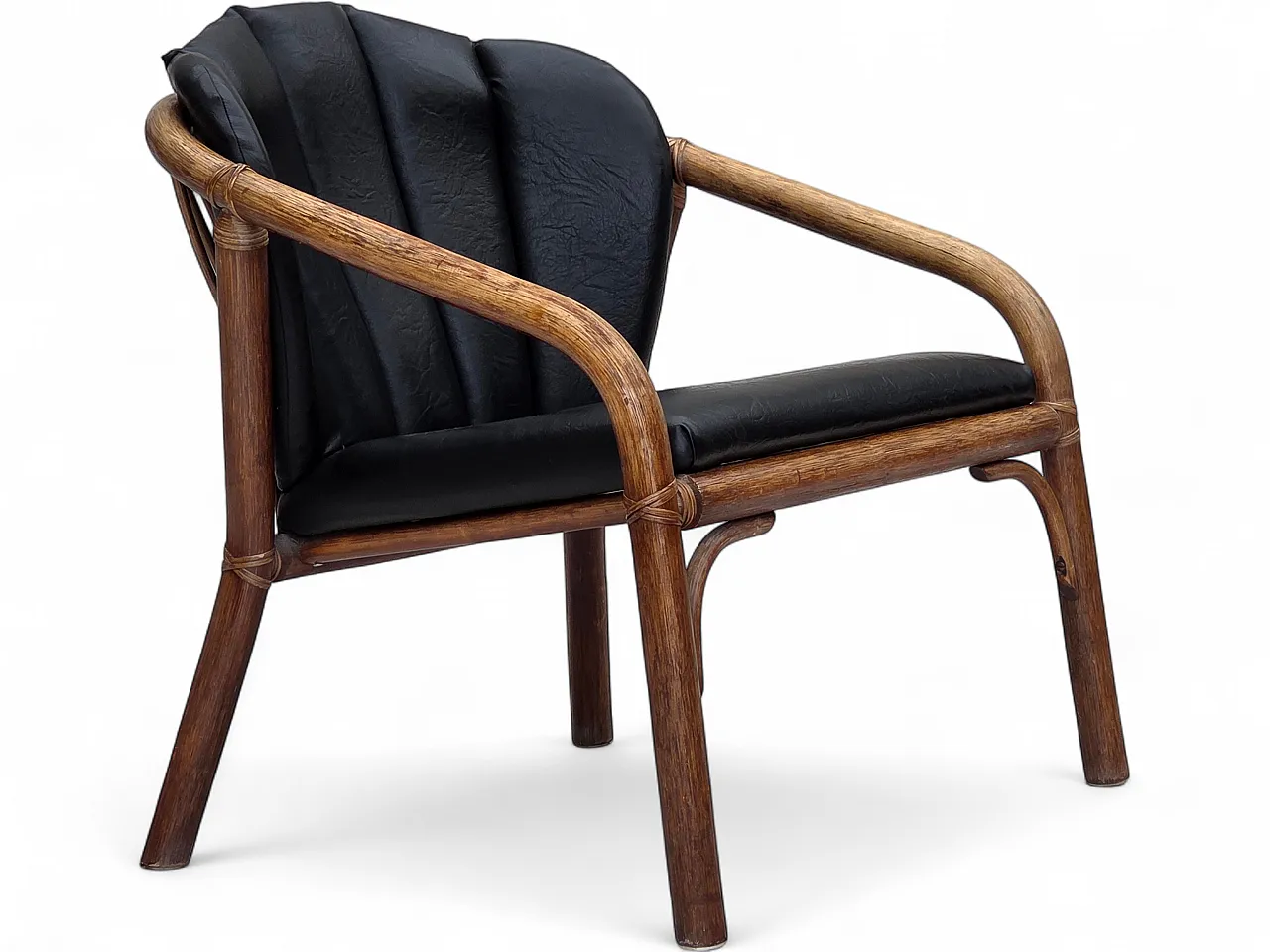 Poltrona danese, rattan, ecopelle nera, anni '70 19