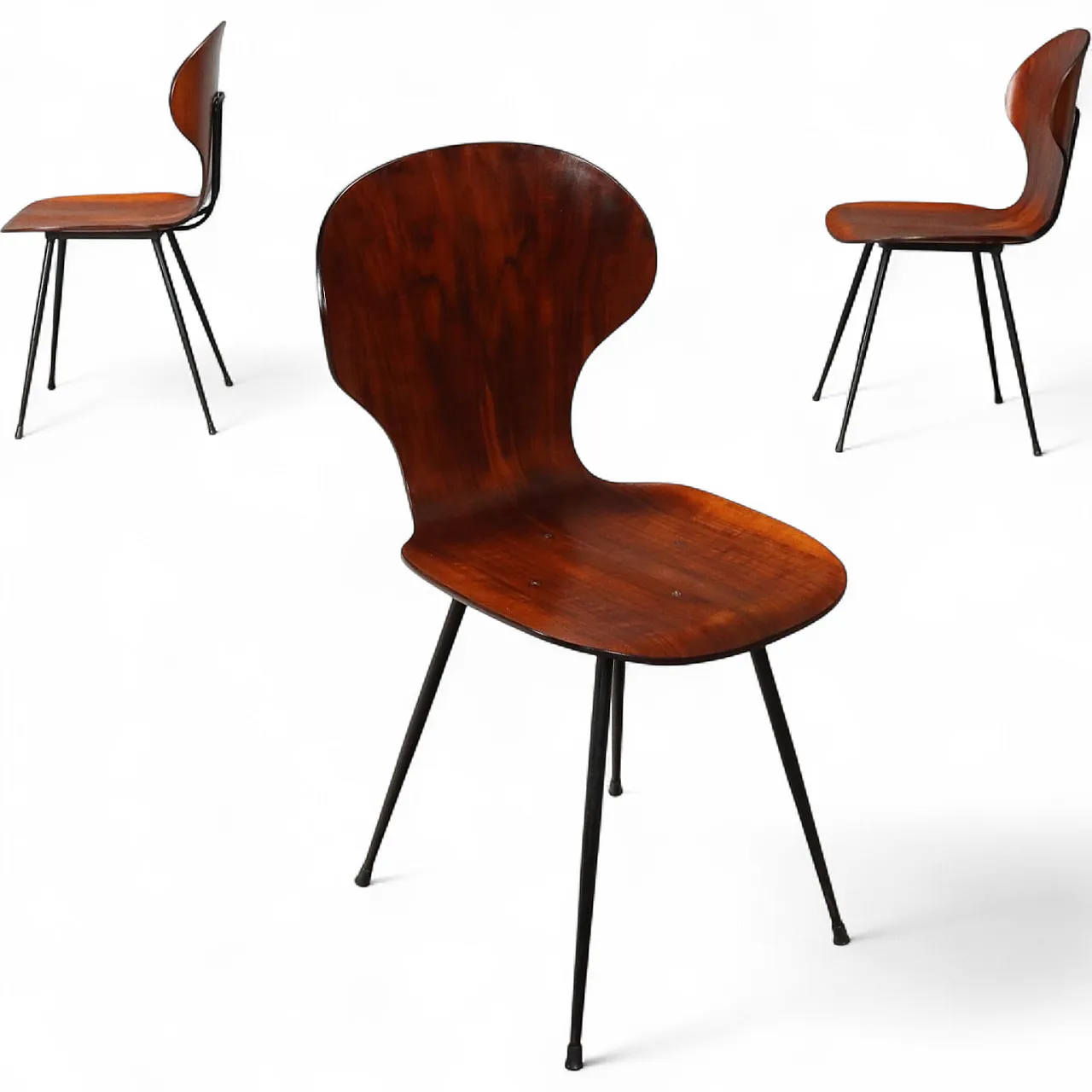 3 Chairs in plywood and metal, 1960s 9