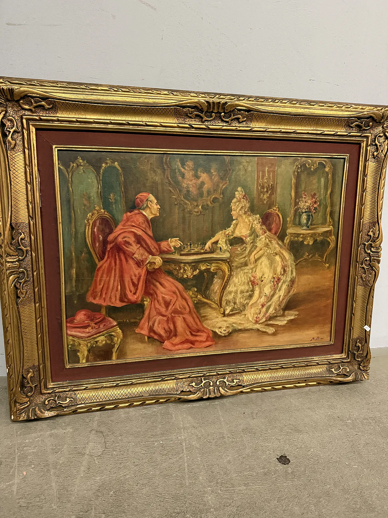 Oil painting on canvas Cardinal and Lady playing chess, Mironi, 1950 1