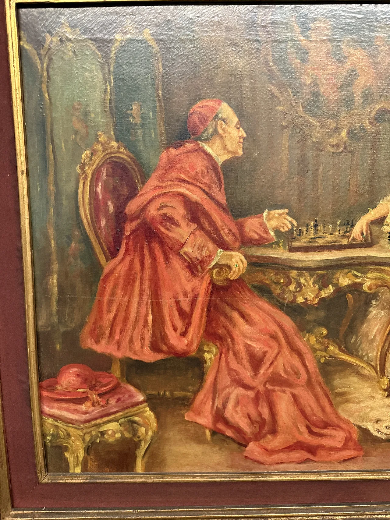 Oil painting on canvas Cardinal and Lady playing chess, Mironi, 1950 3
