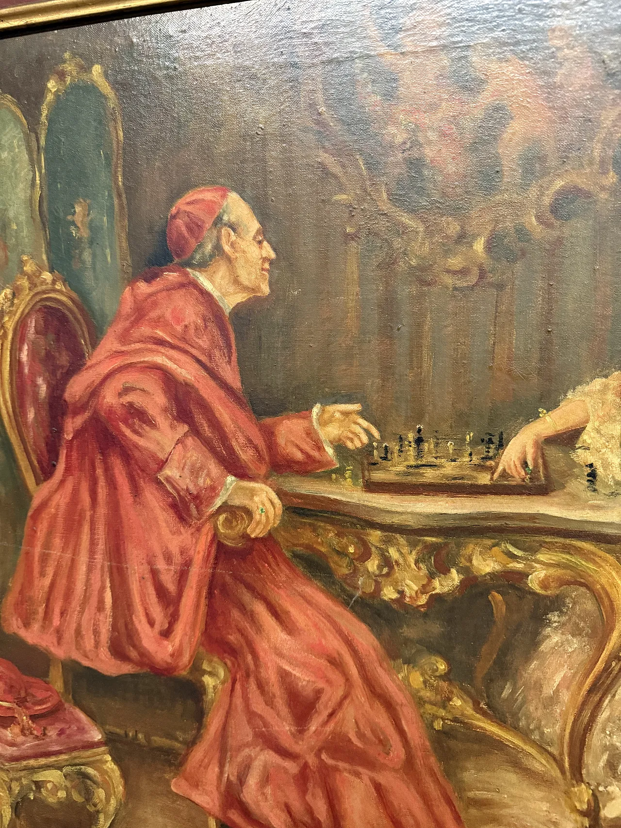 Oil painting on canvas Cardinal and Lady playing chess, Mironi, 1950 4