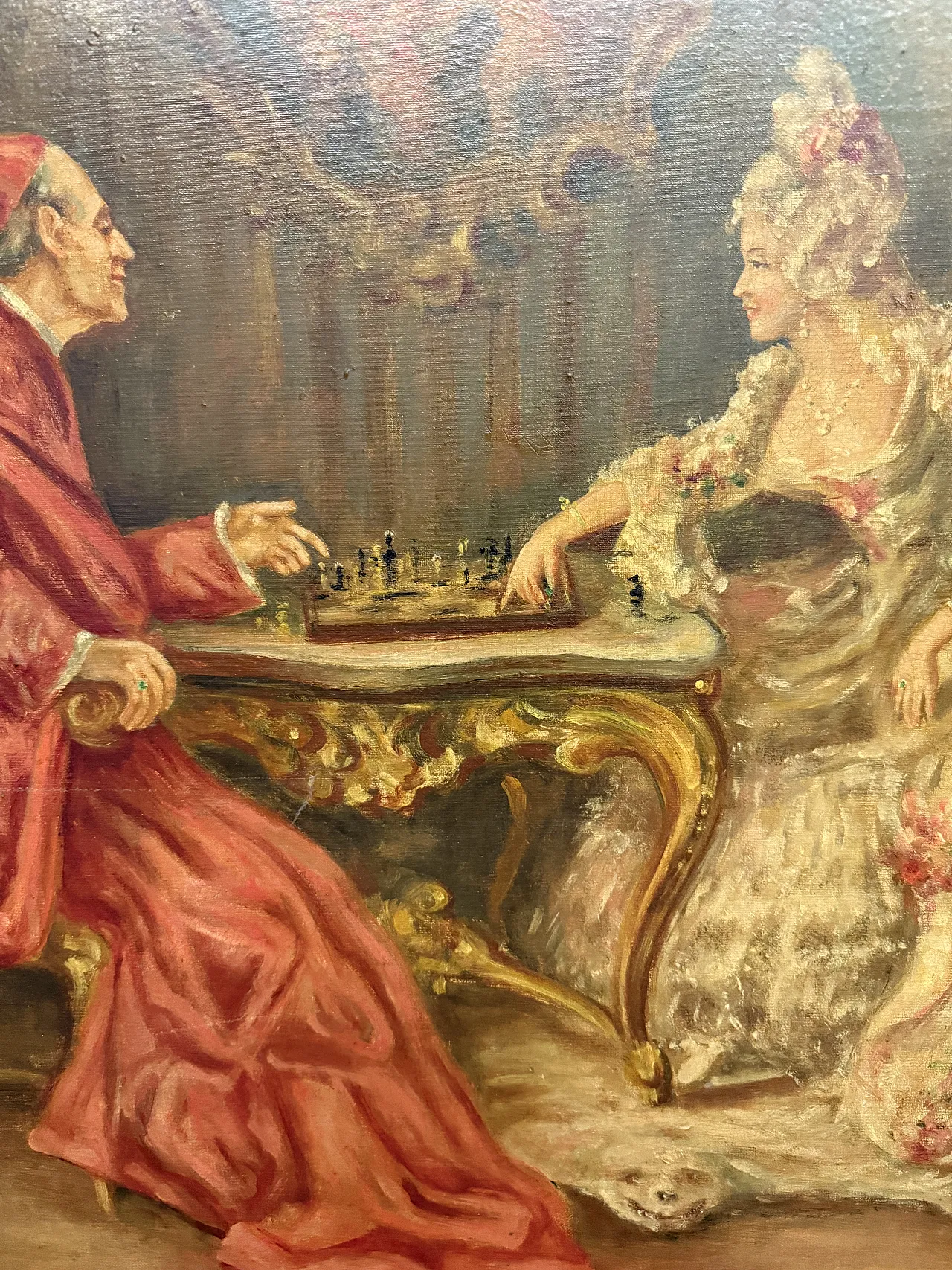 Oil painting on canvas Cardinal and Lady playing chess, Mironi, 1950 5
