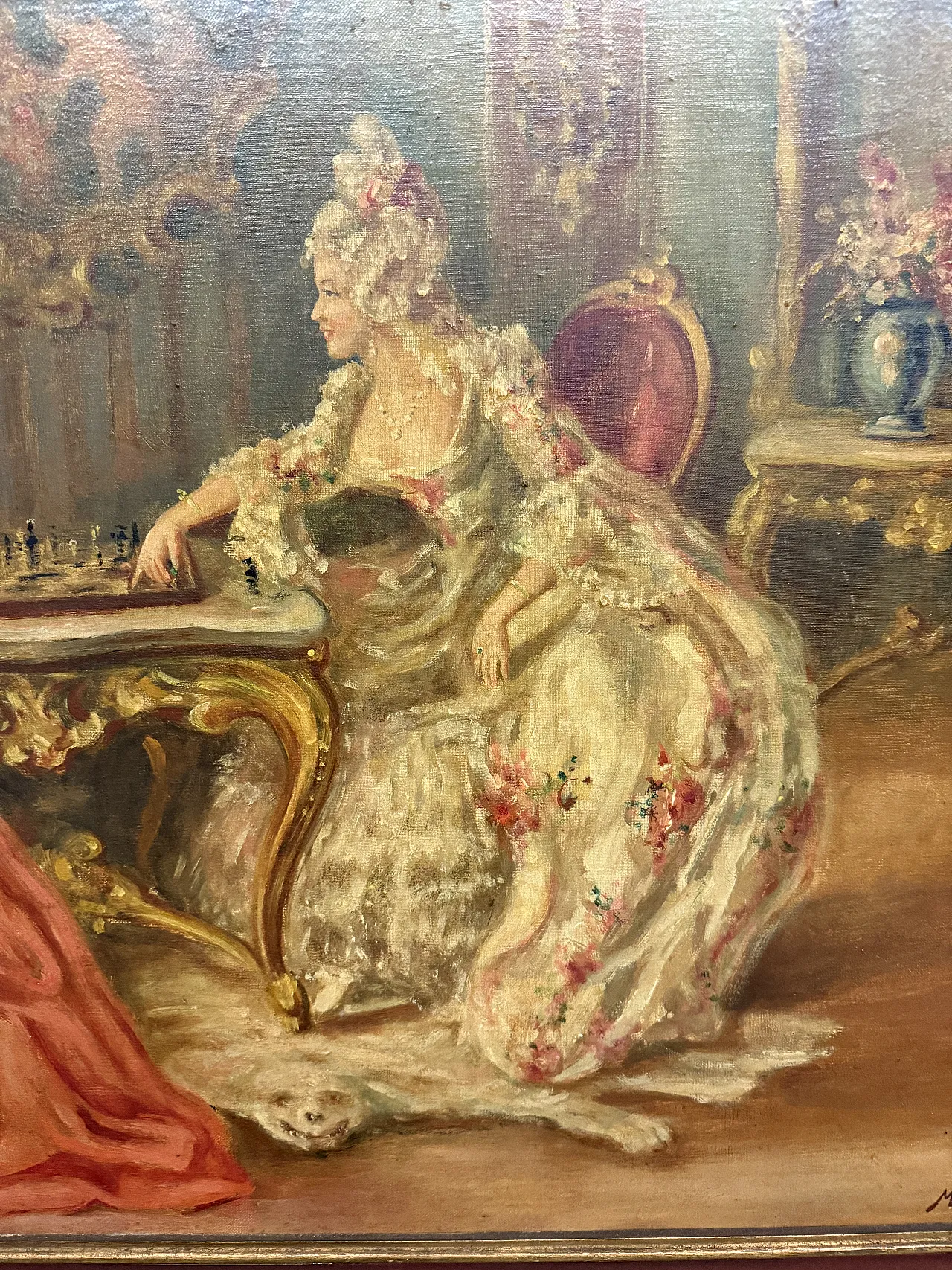 Oil painting on canvas Cardinal and Lady playing chess, Mironi, 1950 6
