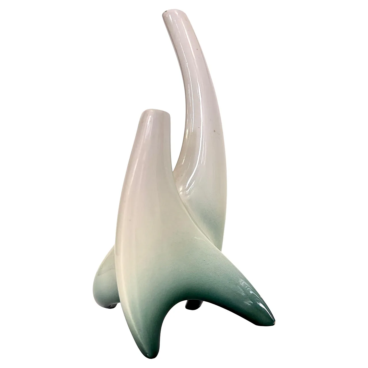 Scultura a forma di vaso di fiori in ceramica avorio e verde, anni '50 1