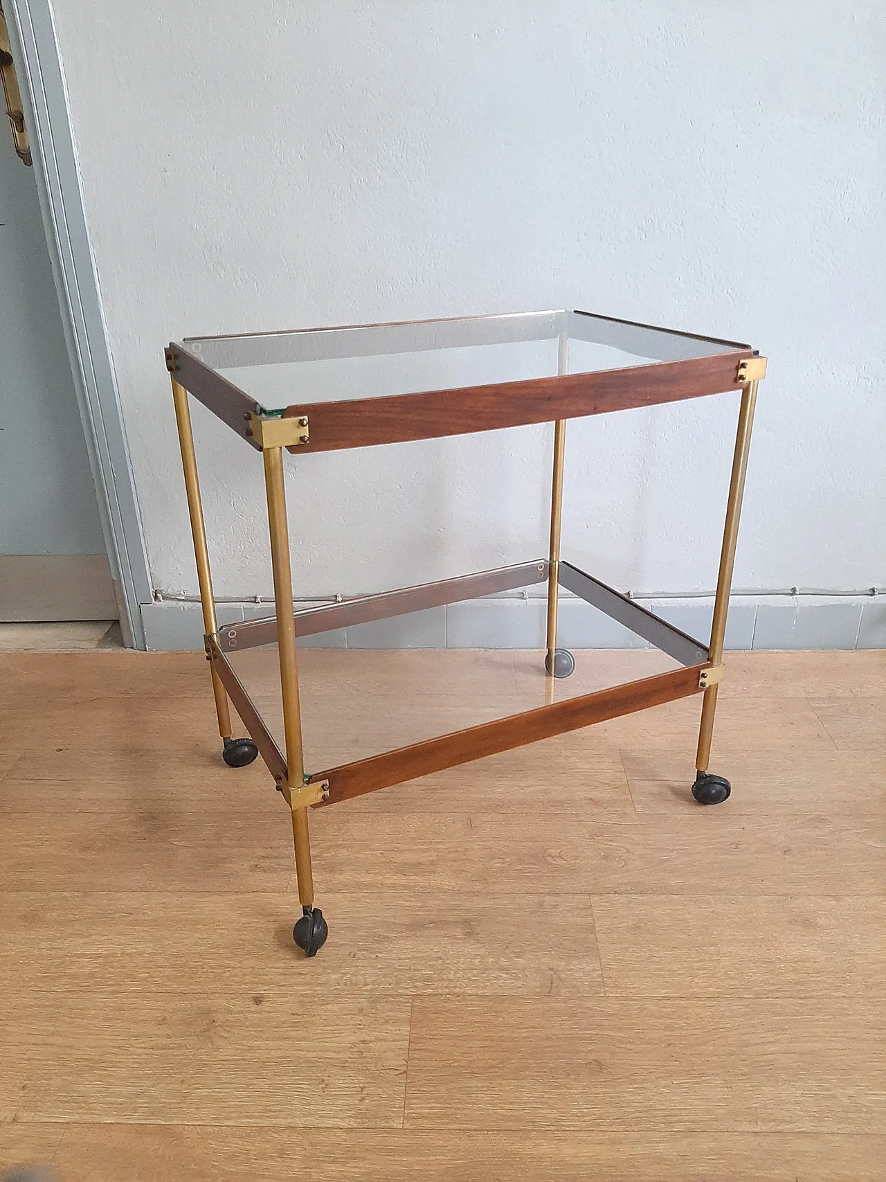 Wood And Brass Bar Trolley With Double Glass Shelf, 70s 1