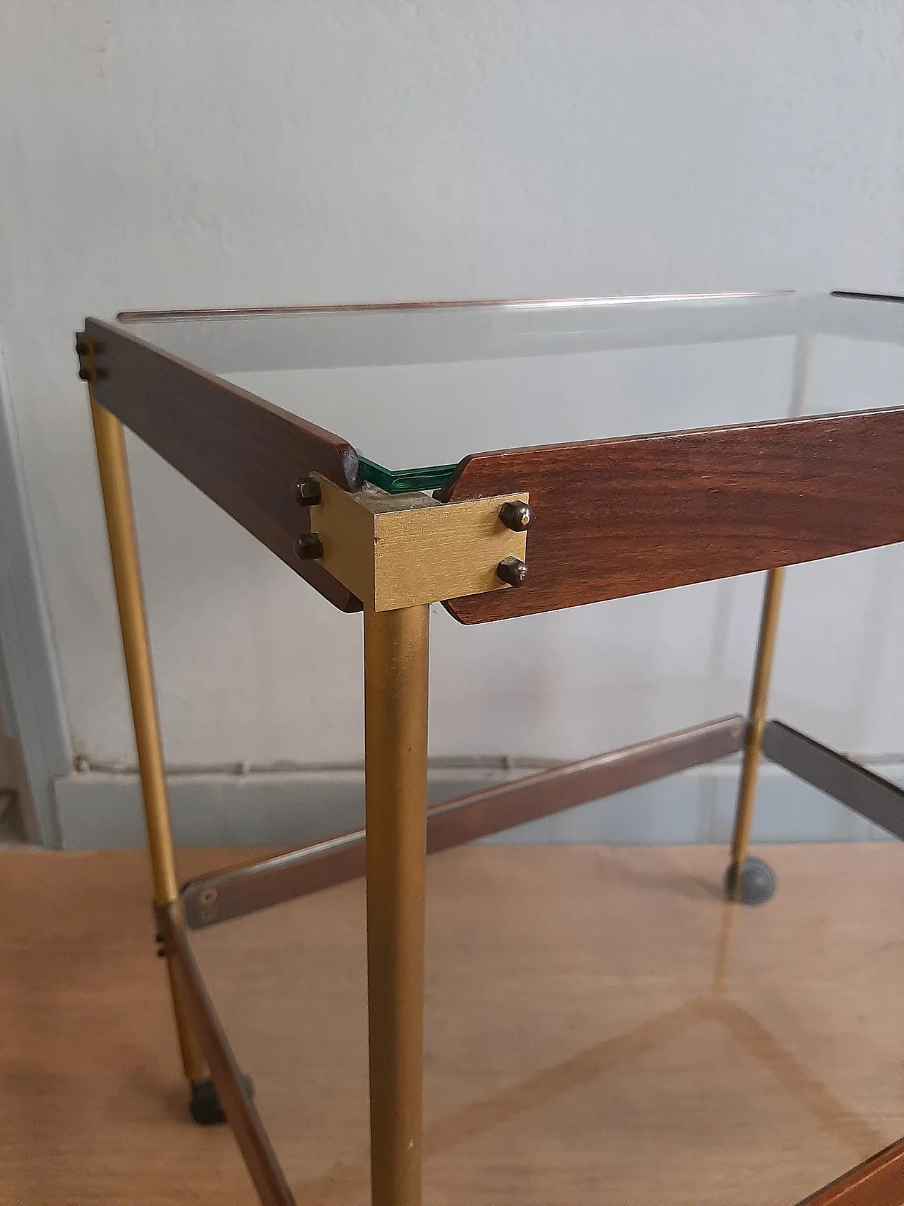 Wood And Brass Bar Trolley With Double Glass Shelf, 70s 2
