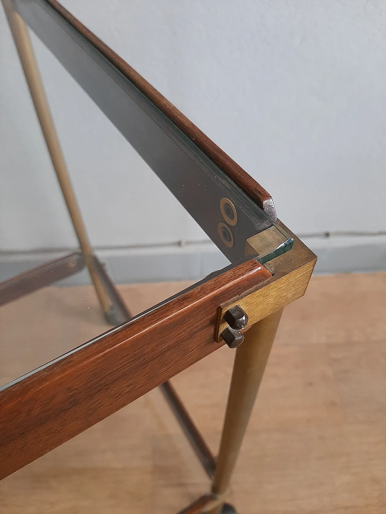 Wood And Brass Bar Trolley With Double Glass Shelf, 70s 3